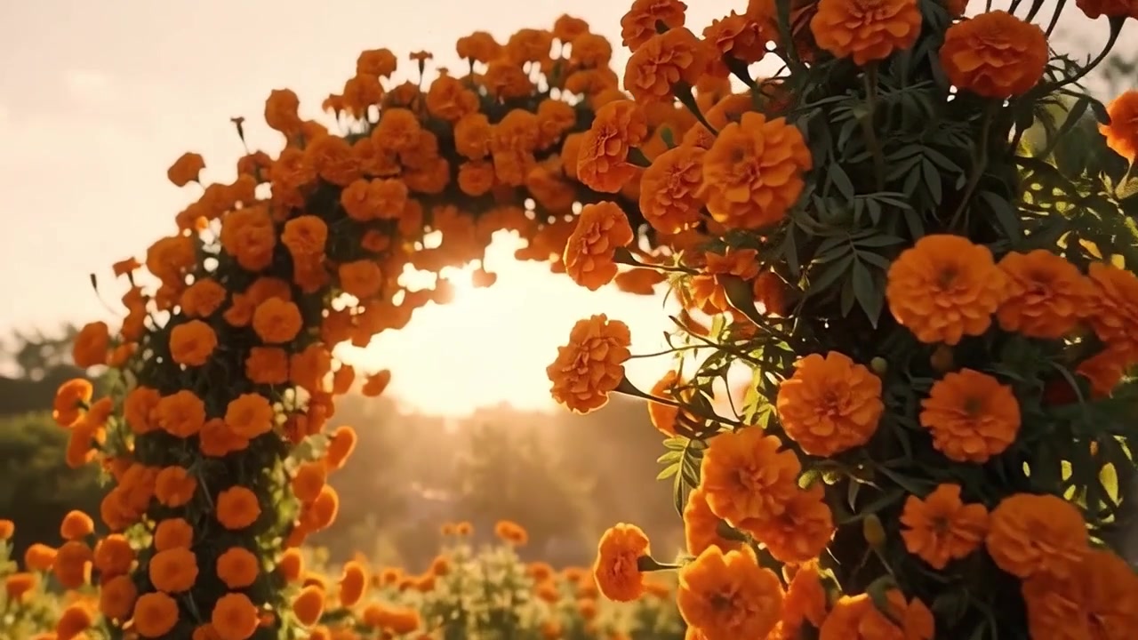 Arco floreale di calendule arancioni in un giardino soleggiato