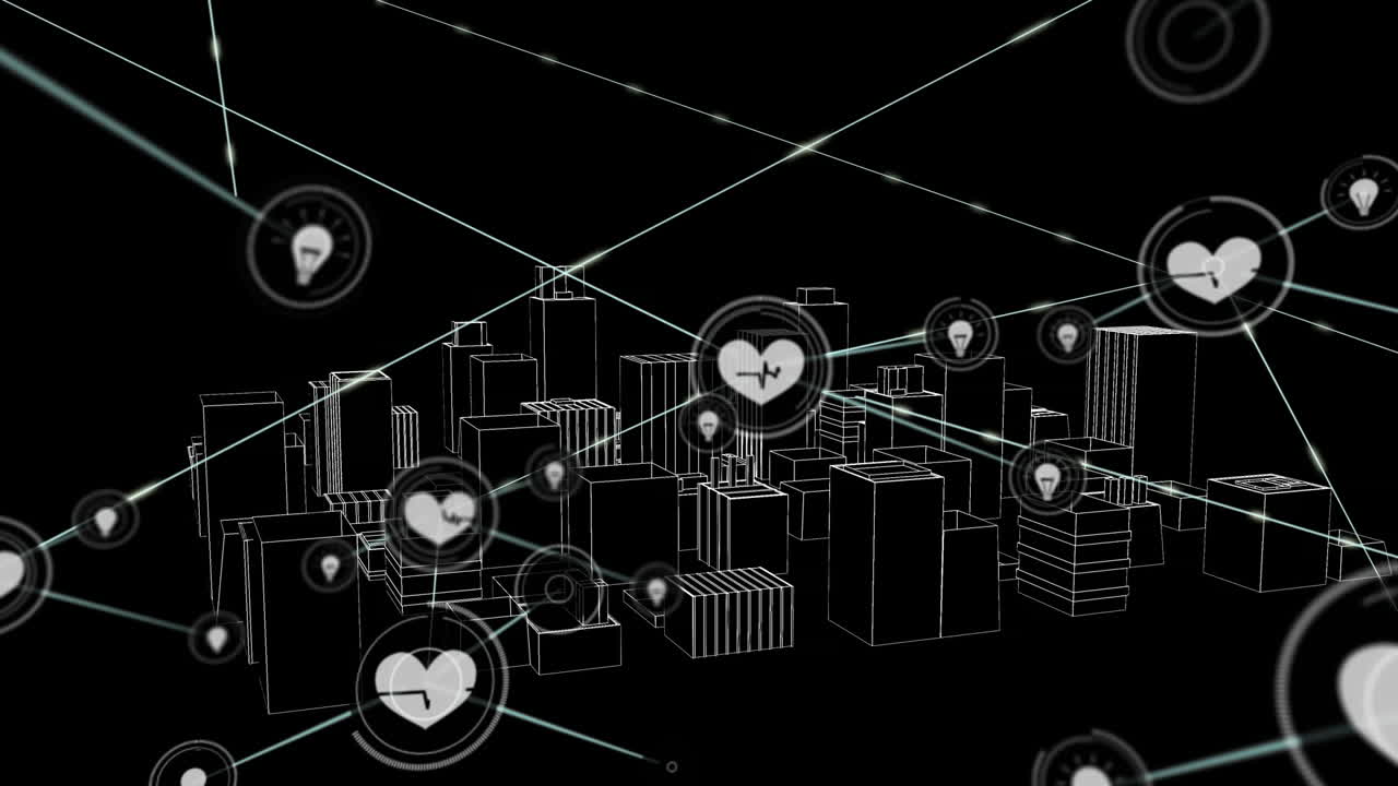 Animation of network of connections with icons over 3d city drawing on black background