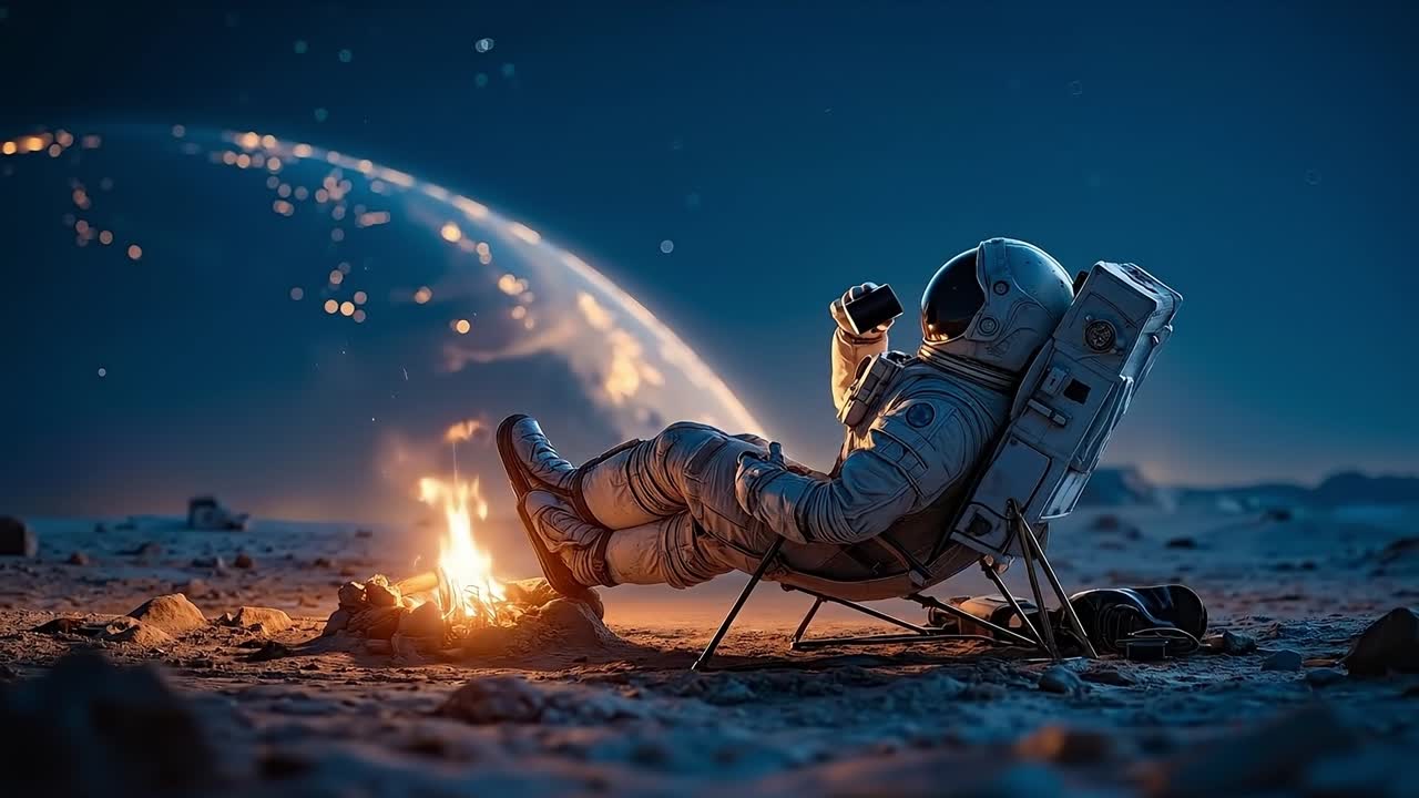 Astronaut sitting in a chair on the moon with a phone in his hand