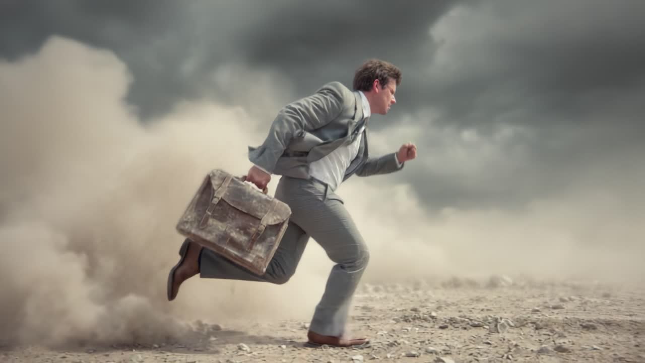 A Determined Businessman Running Through a Dusty Landscape Amidst Stormy Skies, Symbolizing Challenges and Resilience in the Face of Adversity