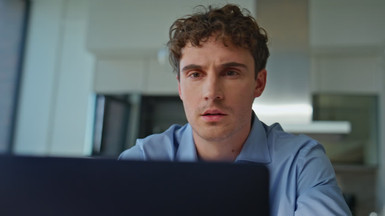 Office manager finding solution at workplace drinking coffee closeup. Man laptop