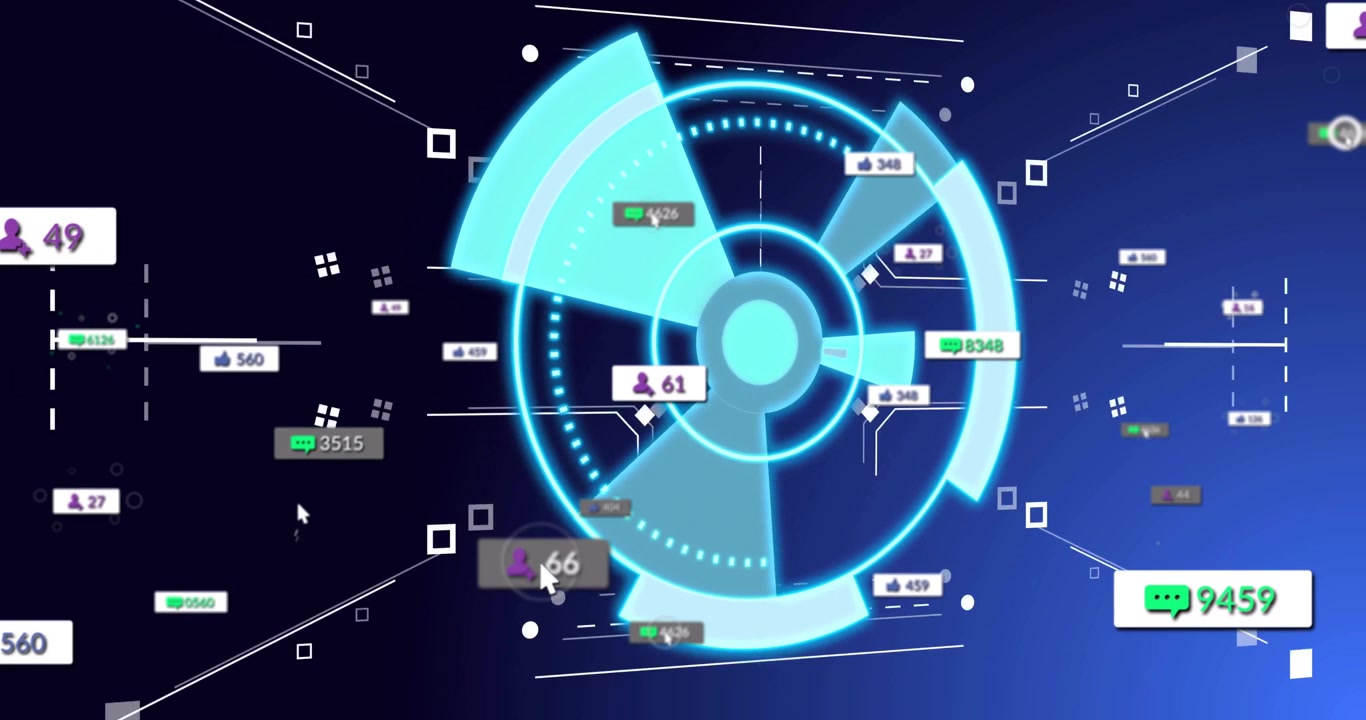 Upon loading, glowing cyan circular HUD fading in, sliding panels, rotating, updating live metrics
