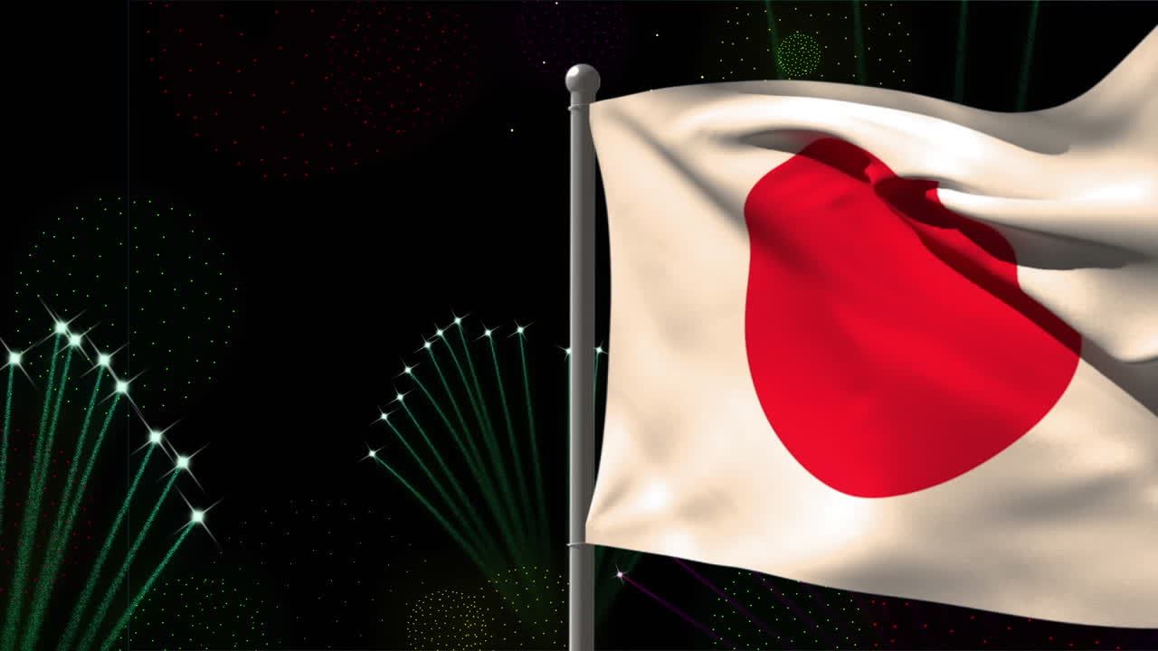 animación de la bandera de japón sobre fuegos artificiales en fondo negro.
