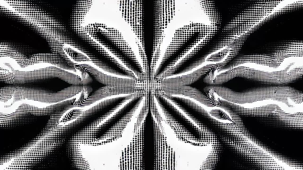 Abstract black and white pattern with dynamic, swirling shapes and dots