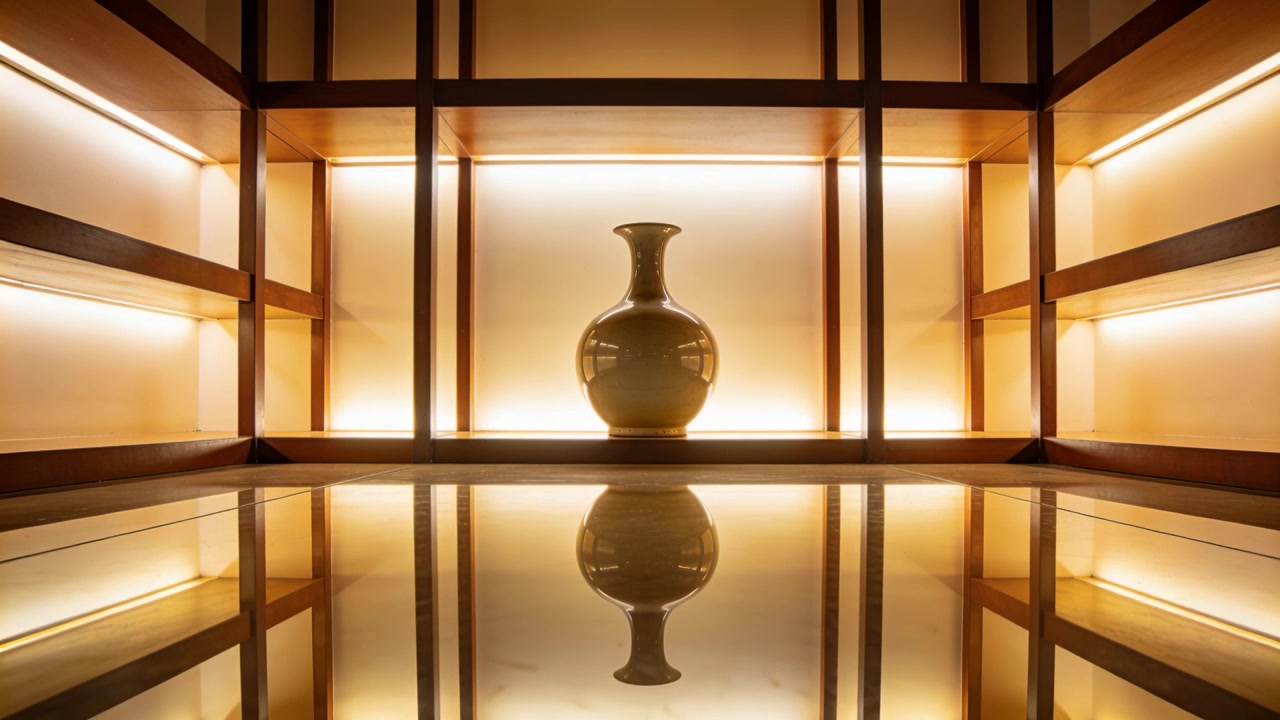 Inquadratura fissa di un vaso in ceramica su una mensola in legno da galleria con specchio a LED per l'esposizione.