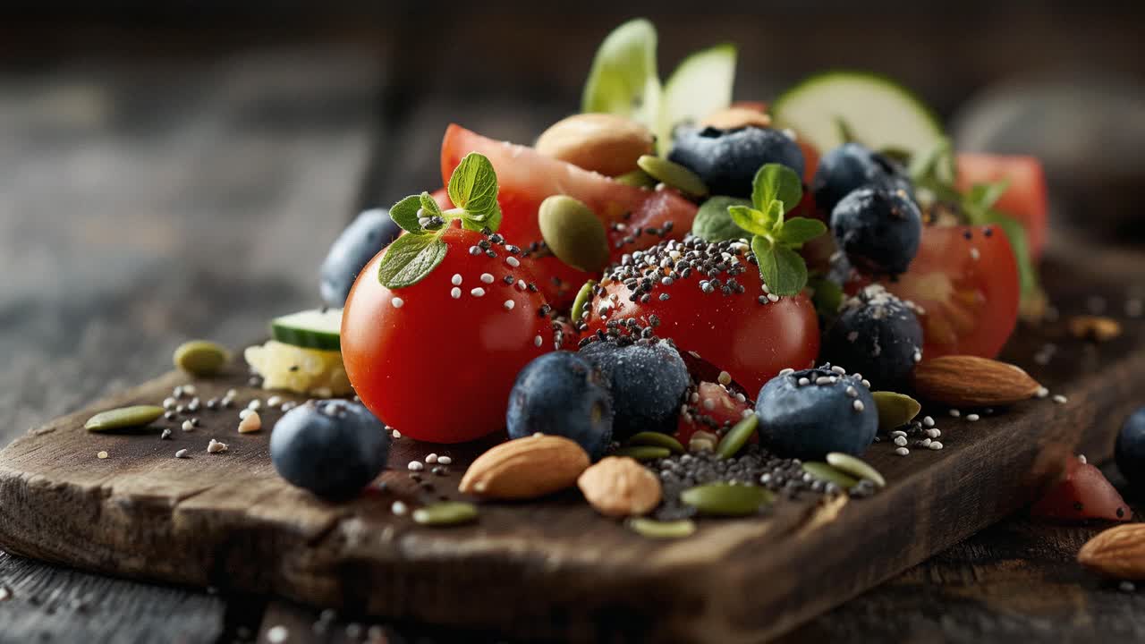 Fresh and colorful salad featuring blueberries, cherry tomatoes, cucumber slices, almonds, chia seeds, and pumpkin seeds, creating a healthy and appealing meal on a rustic wooden board