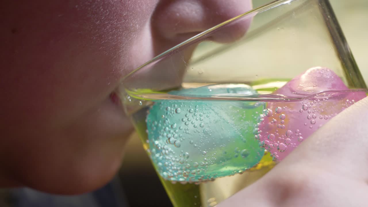 The boy drinks gazetto water with colorful ice cubes