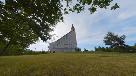 slow motion tracking shot of modern church