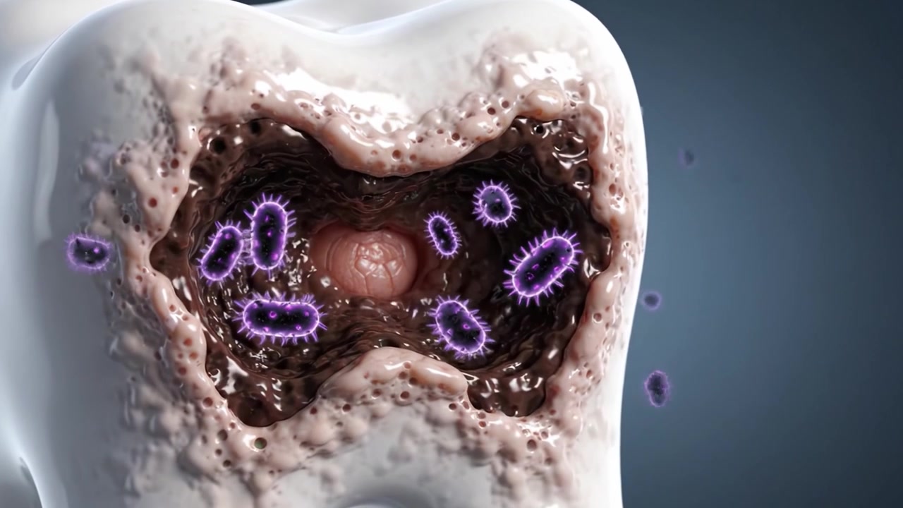 Visualizzazione Dettagliata della Progressione della Carie Dentale: Dal Danno Superficiale all'Infezione Interna con Attività Batterica Evidenziata in una Struttura Dentale.