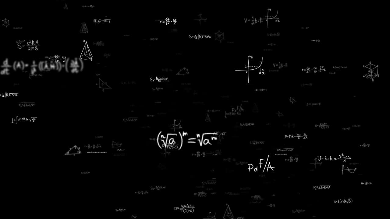 Camera flies Through matrix made up of White Math formulas and Equation. Handwritten geometrical figures, calculations and Mathematical analysis. Cognitive process concept. Seamless loop