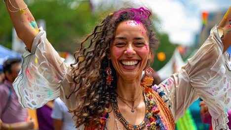 a joyful woman covered in colorful powder at a festival
