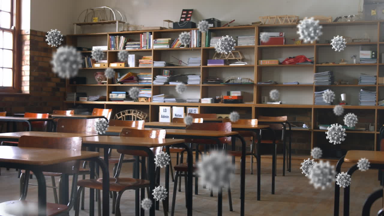 빈 교실 위에서 코로나바이러스 세포의 애니메이션