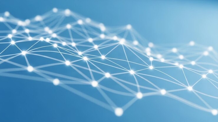 Una rete complessa di nodi e linee connessi, che rappresenta la confluenza di dati e tecnologia in uno straordinario ambiente blu