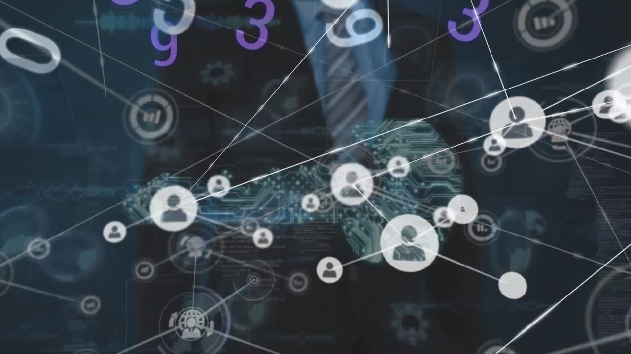 animación de iconos conectados, números, llave en la sección media del hombre de negocios utilizando tecnología futurista.