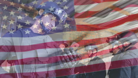 animation of flag of usa over diverse male soldiers