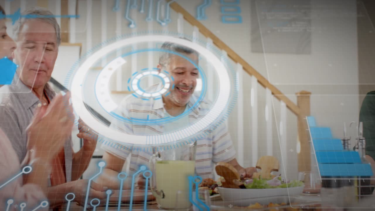 Woman on right reaching to serve, group sharing meal, tech HUD and circuit lines obscuring faces