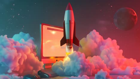 rocket launch from a laptop - startup concept