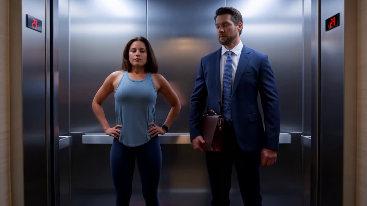 Business Man and Athletic Woman Standing in a Modern Elevator