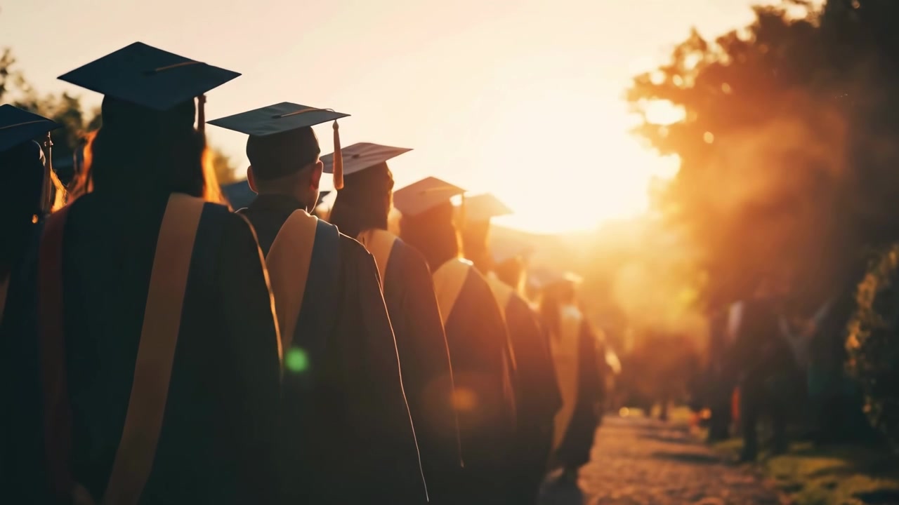 Graduates in Academic Regalia Walking in Line at Sunset