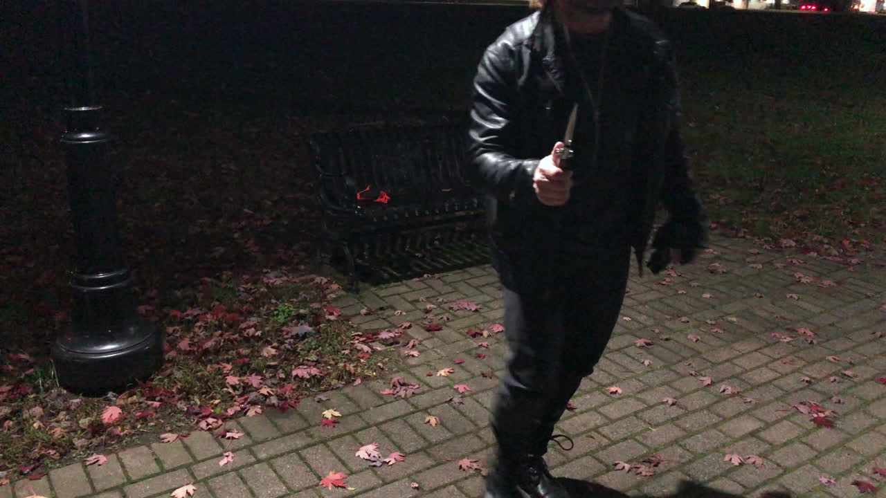 A person in a park at night pulling out a knife