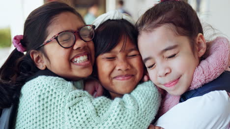 children, love and girl friends hugging closeup