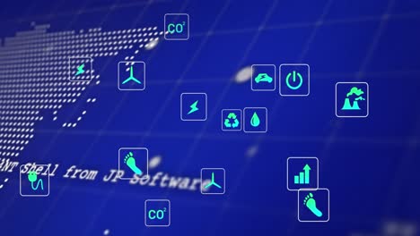 animation of eco icons and data processing over world map