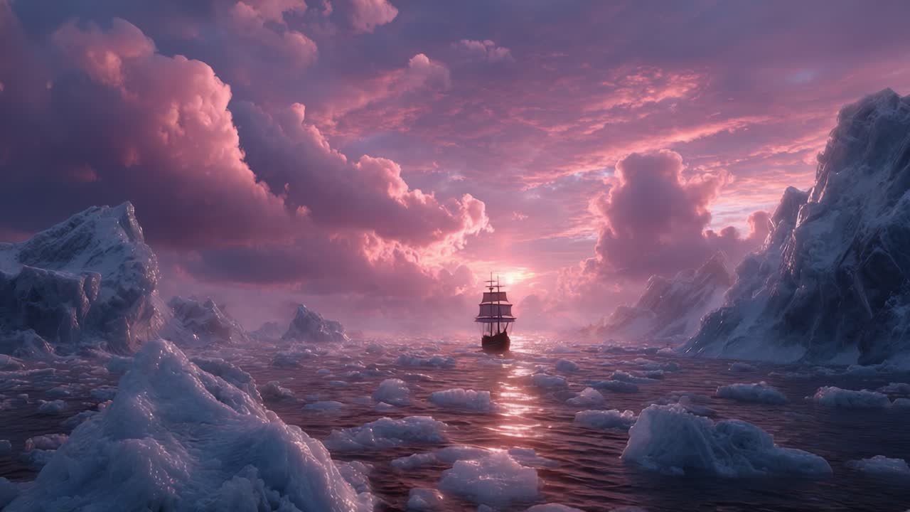 A majestic sailing ship navigates through a mesmerizing arctic landscape, framed by stunning ice formations and vibrant twilight skies filled with dramatic clouds