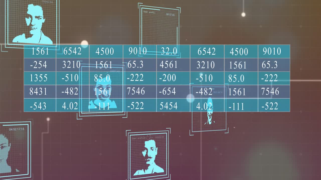 animación de múltiples iconos de perfil cambiantes sobre el procesamiento de datos estadísticos y puntos de luz