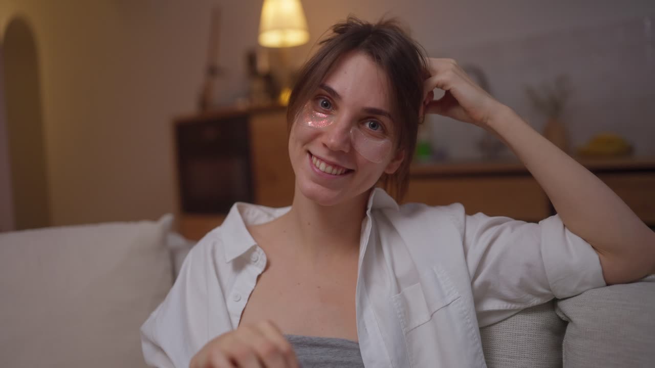 Woman relaxing at home with eye patches