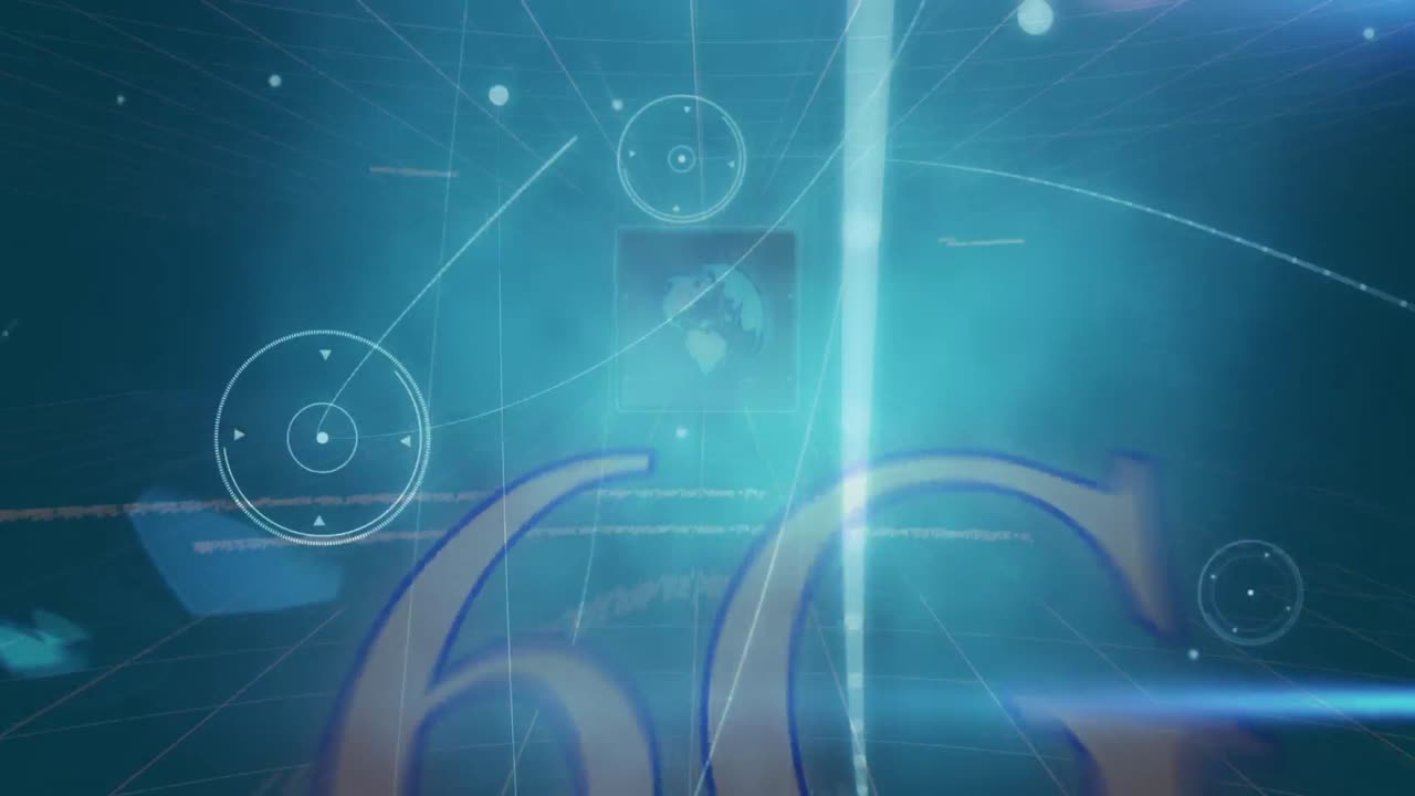 Animation of network of connections and 6g text over dark background