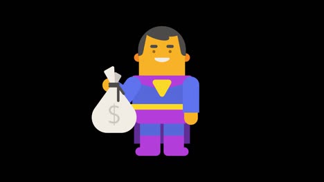 superhero holds big bag of money and smiles. alpha channel