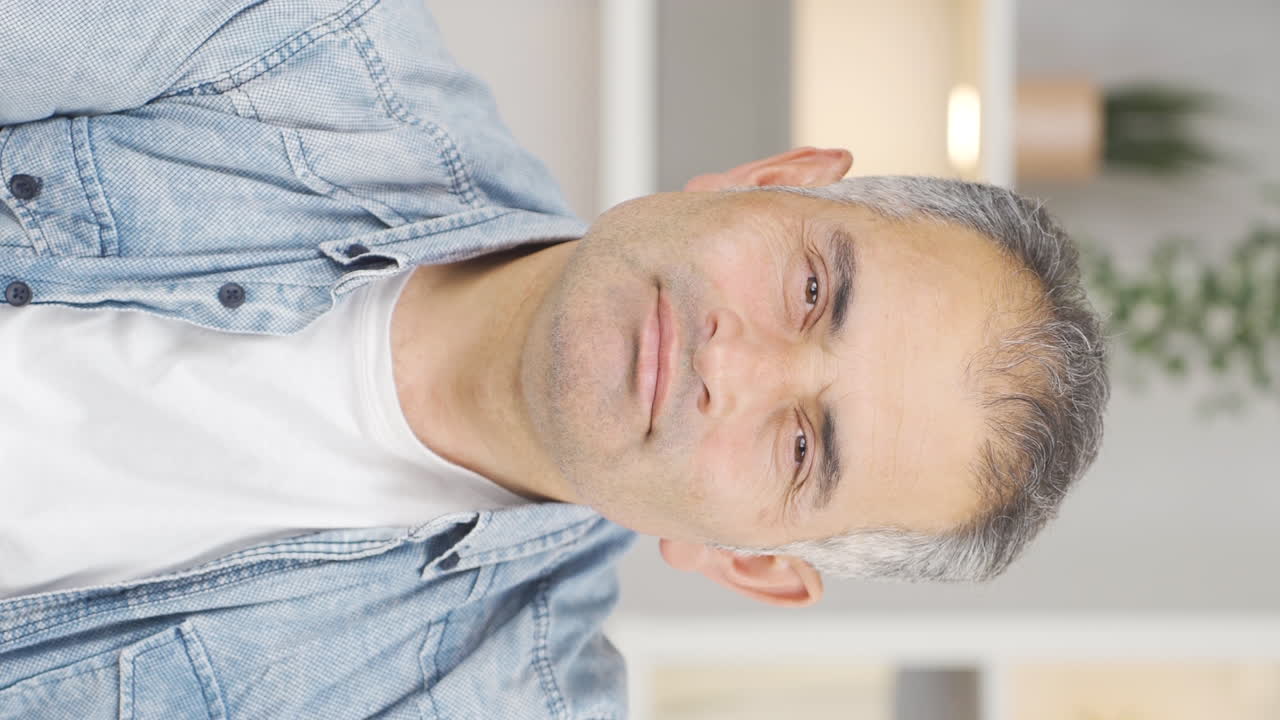 그 남자가 꿈을 꾸고 있는 수직 비디오입니다.