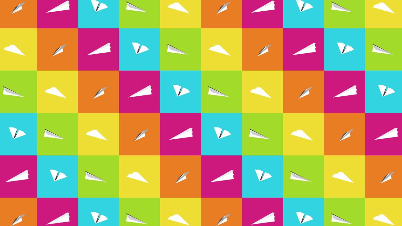 colección de aviones de papel hechos a mano. animación de bucle de avión de papel blanco que fluye sobre un fondo colorido. concepto de conexión de negocios. avión de origami volando.