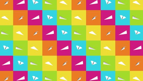 colección de aviones de papel hechos a mano. animación de bucle de avión de papel blanco que fluye sobre un fondo colorido. concepto de conexión de negocios. avión de origami volando.