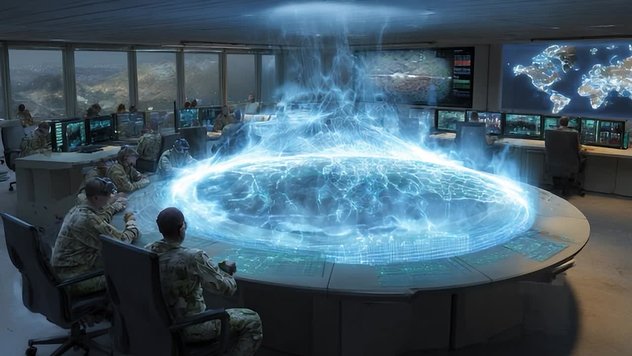 Military personnel operate advanced technology in a command center