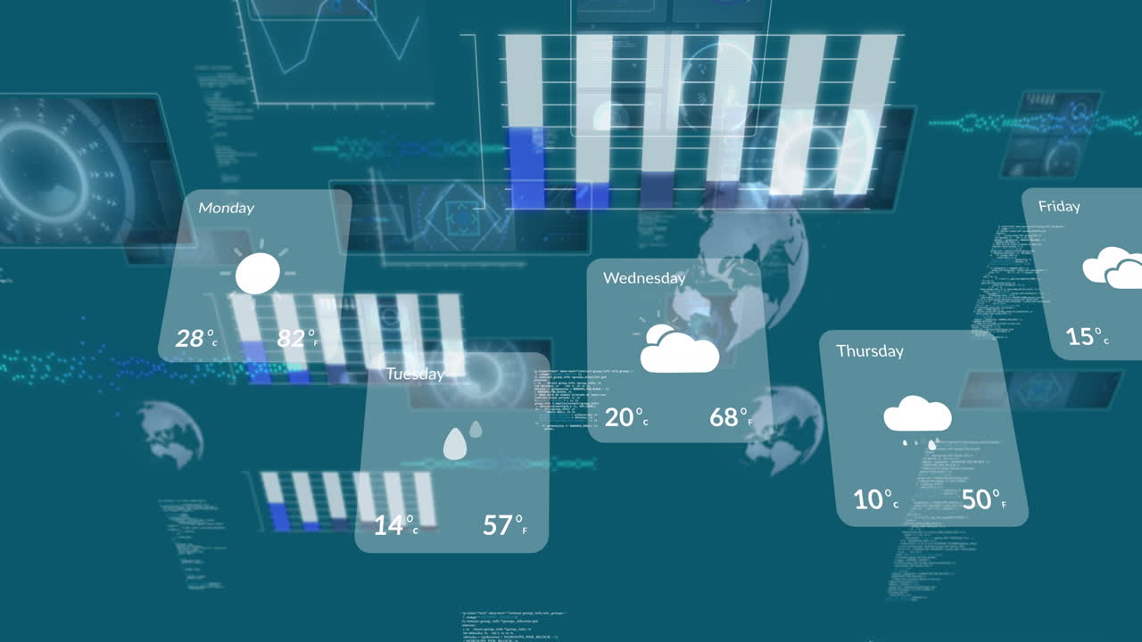 Animation of scopes scanning and data processing over blue background