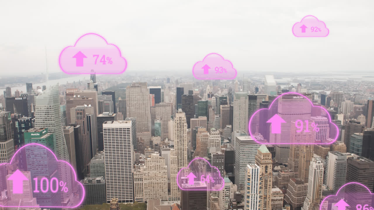 Animation of clouds icons over cityscape