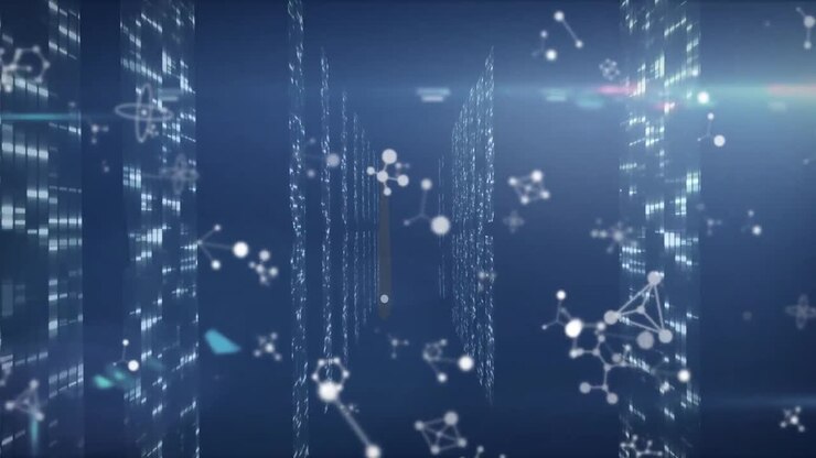 Animation of molecules over diverse data processing on navy background