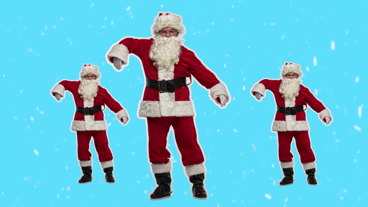 Papá Noel activo y alegre bailando con entusiasmo, divirtiéndose. Feliz Navidad, Año Nuevo. Diseño stop motion, animación artística. Celebración alegre. Divertido y brillante artcollage 4K. Concepto de fiesta y celebración.