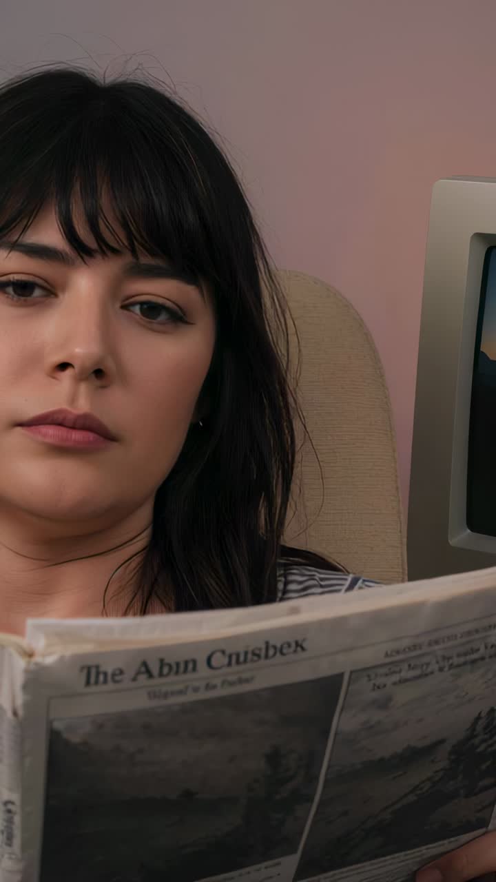 Vertical video: Reading woman holding newspaper, reacting to news and smiling in seat with screen