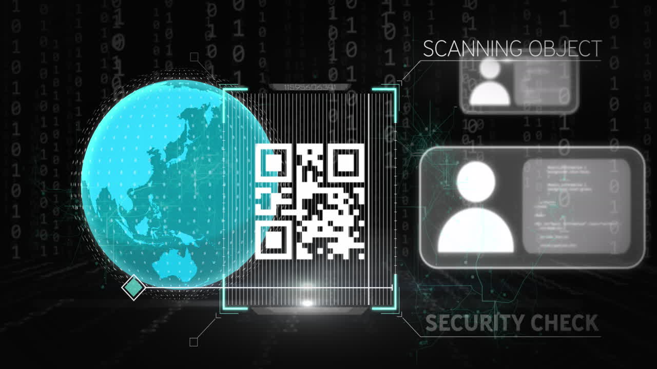 Animation of globe with qr code, icons and data processing