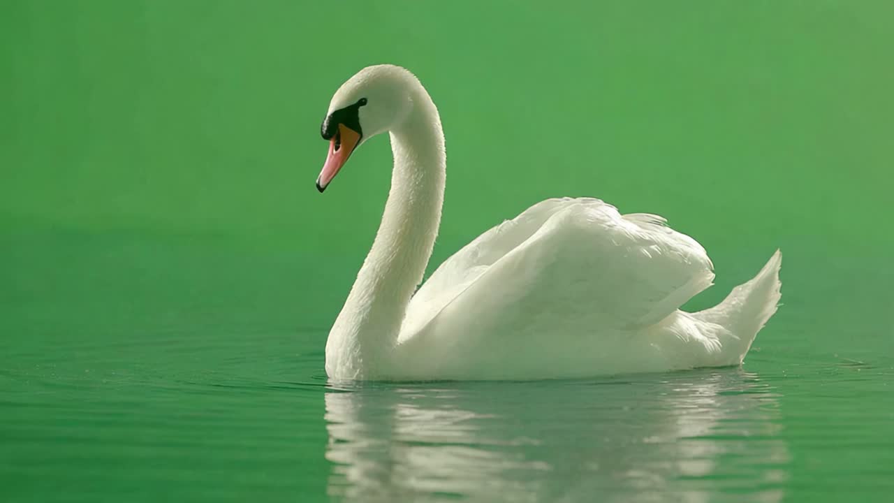 Eleganckie łabędzie sunące z gracją po spokojnych wodach na tle sielskiej zieleni, uchwytujące moment spokoju i naturalnego piękna w ruchu