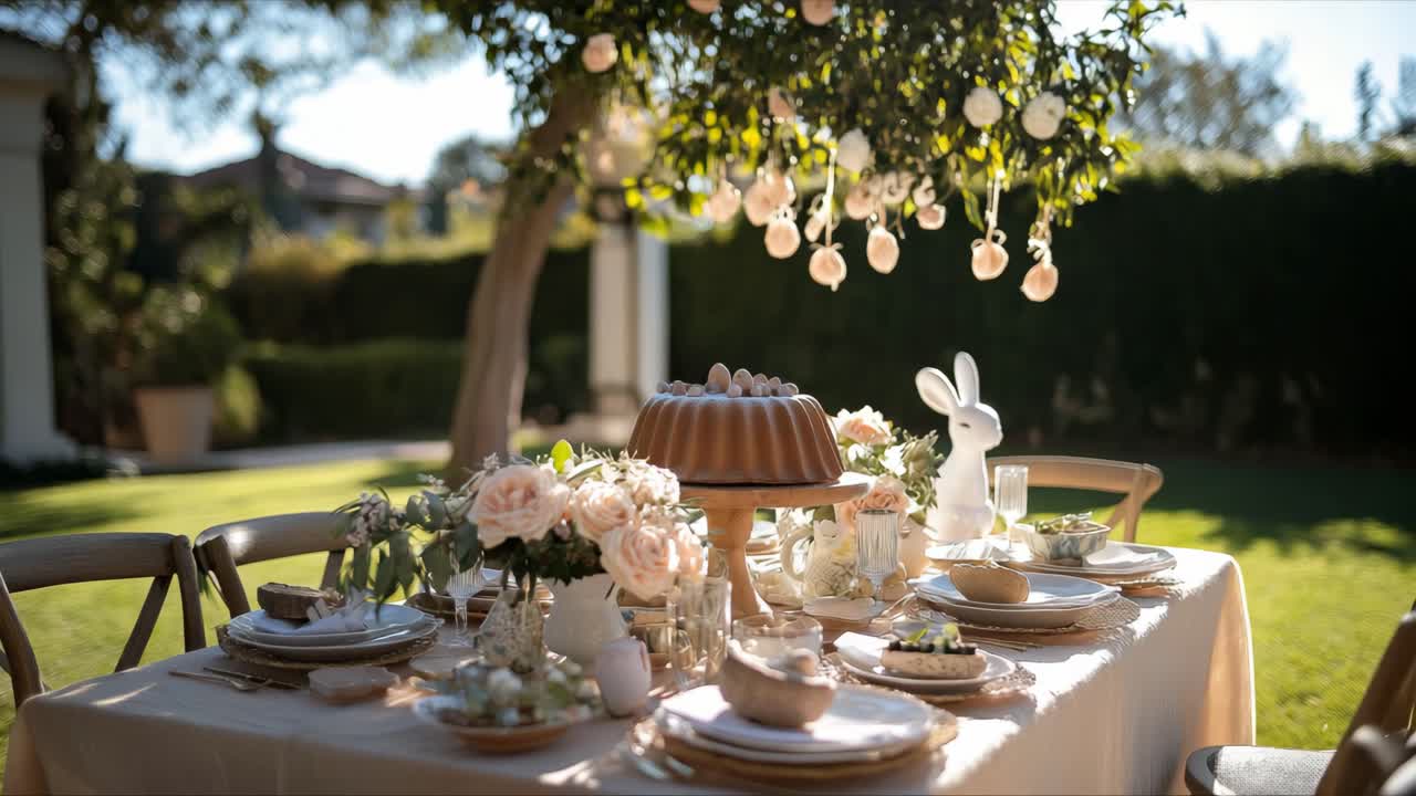 Outdoor dining scene showcases a tastefully decorated table with floral arrangements, a decorative bunny, and hanging ornaments, inviting a warm and festive ambiance