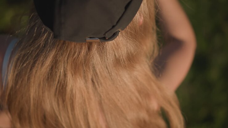 Portret van een Kaukasische danser in een zonnig park die knipogend wijst, close-up tijdens het gouden uur van bovenaf, roodblond haar onder een zwarte pet, sproetige huid die zonnestralen opvangt, speels gebaar naar de camera, energiek