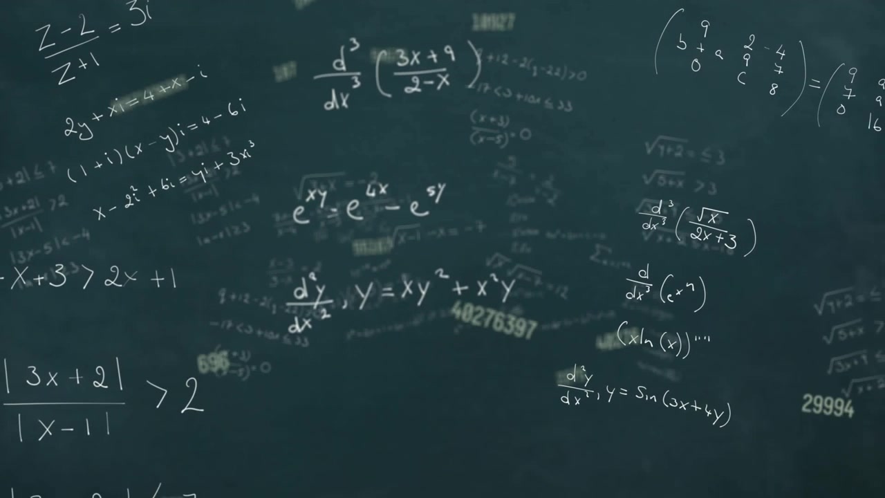 Floating Mathematical Equations and Numbers on Dark Background