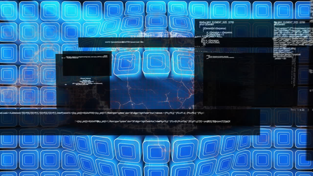 animación de procesamiento de datos y cerebro humano digital sobre cuadrados azules sobre fondo negro