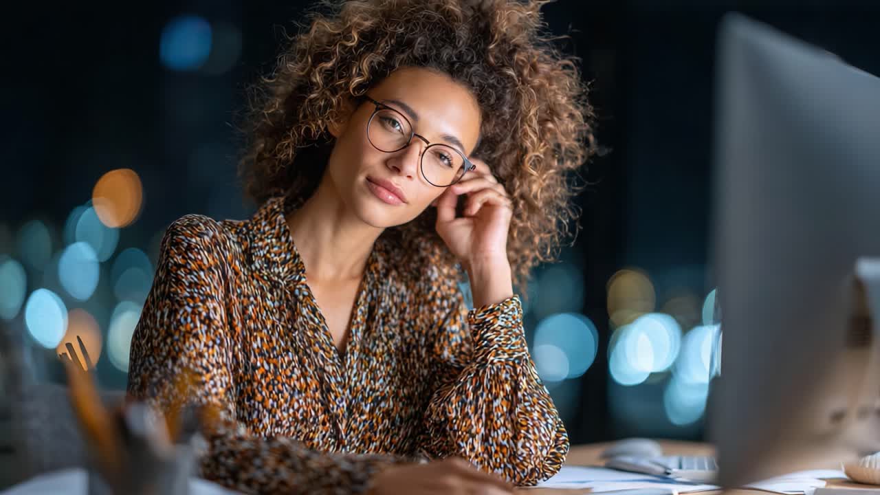 Contemplative Young Woman with Curly Hair in Glasses, Deep in Thought While Working Late at Night, Surrounded by a Softly Lit Office Environment