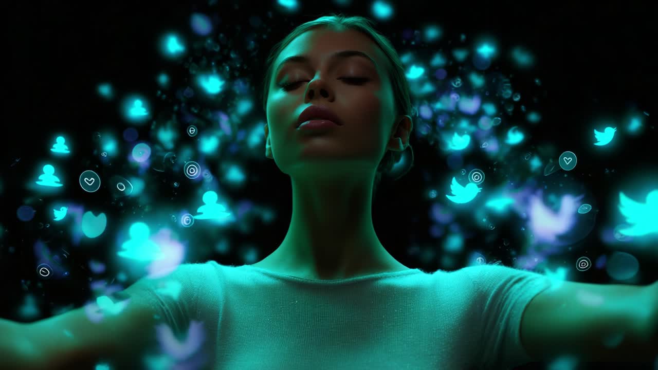 A woman embraced by a digital aura of vibrant social media icons and symbols, symbolizing the fusion of technology and human connection, her serene expression radiating confidence and presence amidst the glow