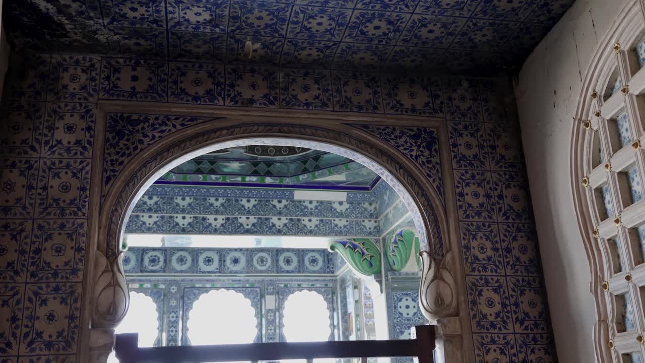 palace artistic designed roof indoor view video is taken at city palace, Udaipur rajasthan india.
