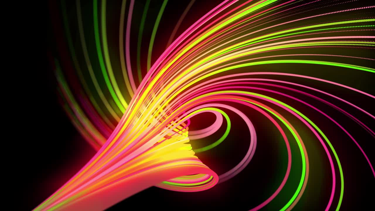 빛의 흐름: 4k에서 추상적인 루프 배경, 빛의 흔적, 공간에서 녹색, 빨간색, 노란색, 네온 선의 흐름은 나선형 모양을 형성하기 위해 움직입니다.